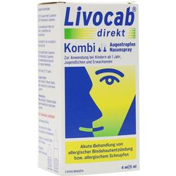 Verpackung von "Livocab direkt" mit Augentropfen und Nasenspray gegen Allergien.