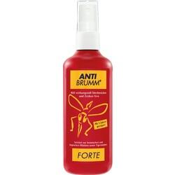 Rote Mückenspray-Flasche mit gelbem Etikett zur Abwehr von Insekten.