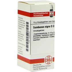 Eine Packung homöopathischer Streukügelchen mit der Aufschrift "Sambucus nigra D 3".
