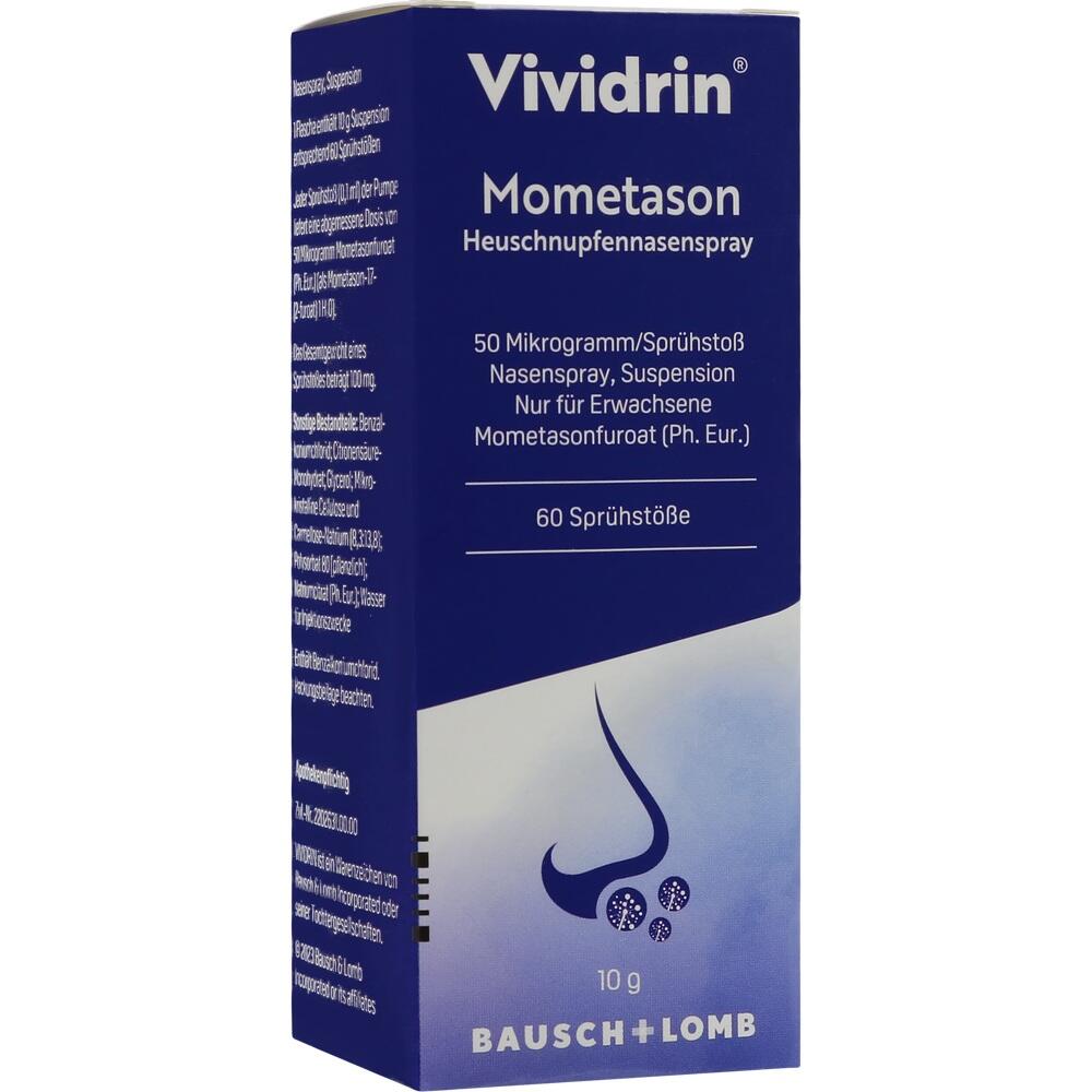 Blaue Verpackung mit der Aufschrift "Vividrin Mometason Nasenspray".