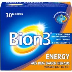 Blau-orange Verpackung von Bion3 Energy mit 30 Tabletten für Energie und Darmgesundheit.